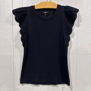 ME+EM Black Broderie Anglais Eyelet Flutter Sleeve Ribbed T Shirt